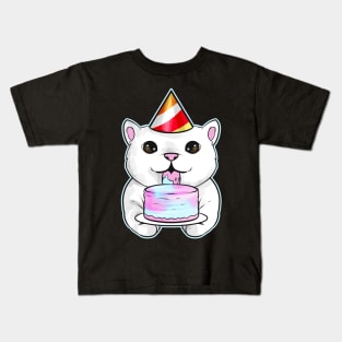 White Cat With Party Hat Licks A Birthday Cake On Purrsday Kids T-Shirt